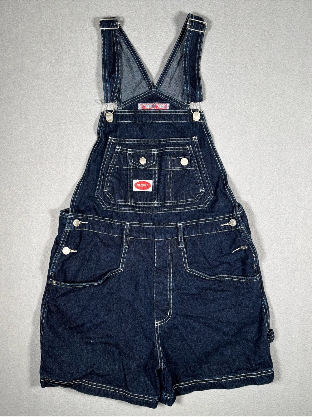 Vintage Revolt Denim Overalls Shorts Women’s Large Blue Y2K Grunge Garden